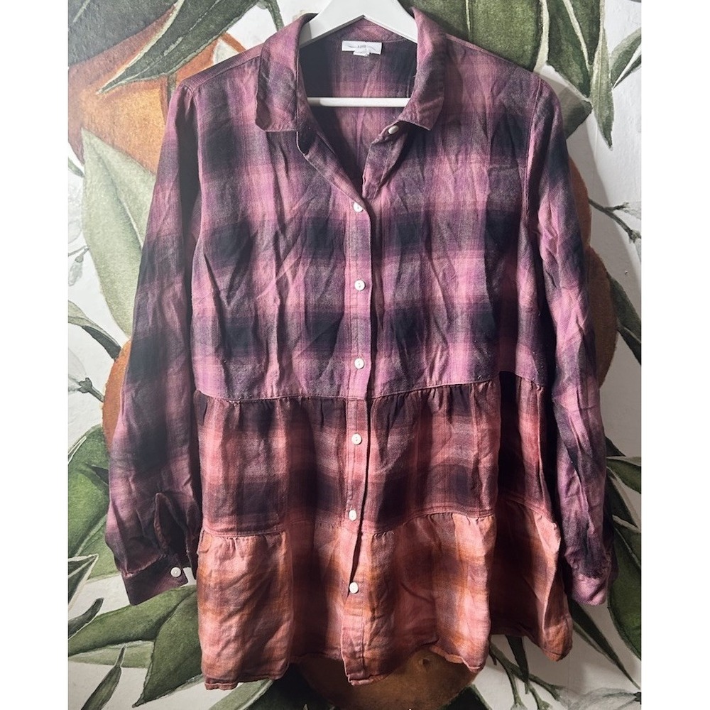 J Jill Medium Plaid Button Down Baby Doll Long Sleeve Top Cotton Modal Ombre